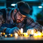 A photograph of a lighting contractor examining various types of g light bulbs in a well-lit workspace