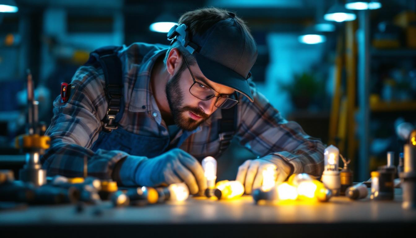 A photograph of a lighting contractor examining various types of g light bulbs in a well-lit workspace