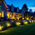 A photograph of a beautifully illuminated outdoor landscape featuring low voltage color changing landscape lights in action