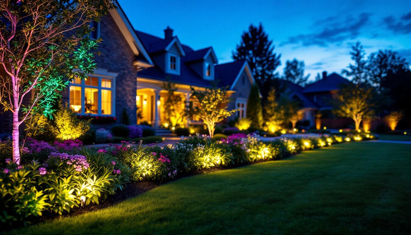 A photograph of a beautifully illuminated outdoor landscape featuring low voltage color changing landscape lights in action