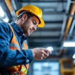 A photograph of a lighting contractor examining or installing ballast bypass led lamps in a well-lit environment