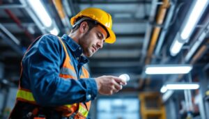 A photograph of a lighting contractor examining or installing ballast bypass led lamps in a well-lit environment