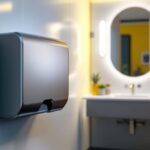 A photograph of a modern electrical hand dryer installed in a stylish restroom setting