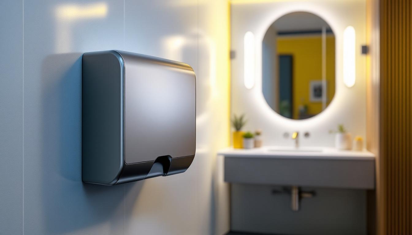 A photograph of a modern electrical hand dryer installed in a stylish restroom setting