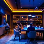 A photograph of a stylish game room featuring modern light fixtures that enhance the ambiance