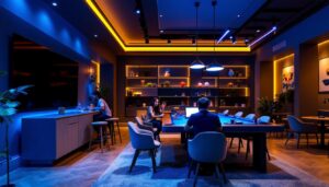 A photograph of a stylish game room featuring modern light fixtures that enhance the ambiance