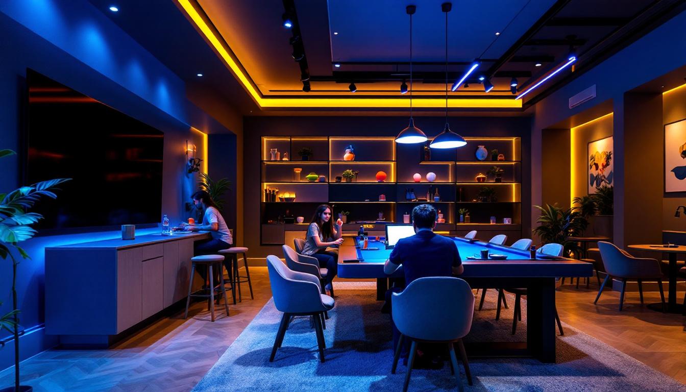 A photograph of a stylish game room featuring modern light fixtures that enhance the ambiance