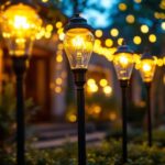 A photograph of a beautifully illuminated outdoor space featuring various styles of post light bulbs in use
