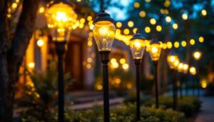 A photograph of a beautifully illuminated outdoor space featuring various styles of post light bulbs in use