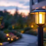 A photograph of a stylish outdoor lamp post fixture illuminated at dusk