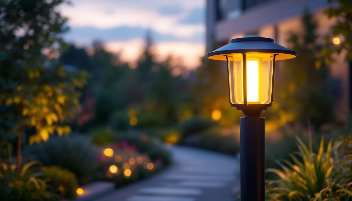 A photograph of a stylish outdoor lamp post fixture illuminated at dusk