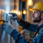 A photograph of a skilled lighting contractor in action
