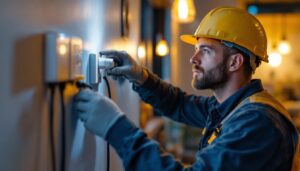 A photograph of a skilled lighting contractor in action