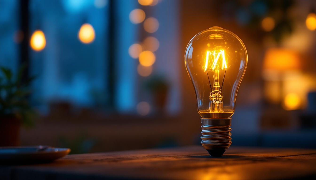 A photograph of a 15w 120v light bulb illuminated in a cozy