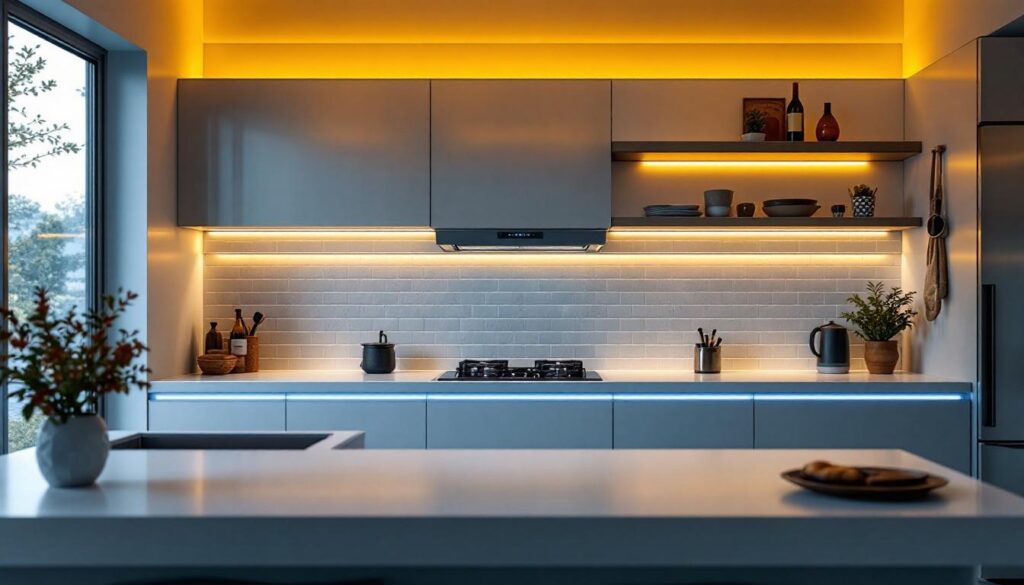 A photograph of a modern kitchen featuring sleek strip led lighting installed under cabinets and along shelves