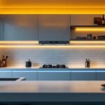A photograph of a modern kitchen featuring sleek strip led lighting installed under cabinets and along shelves