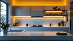 A photograph of a modern kitchen featuring sleek strip led lighting installed under cabinets and along shelves