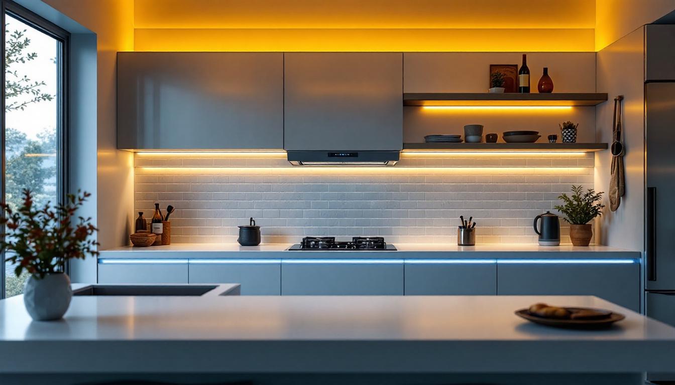 A photograph of a modern kitchen featuring sleek strip led lighting installed under cabinets and along shelves