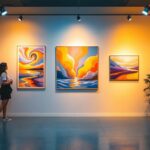 A photograph of a beautifully lit art gallery or studio showcasing various artworks under adjustable track lighting