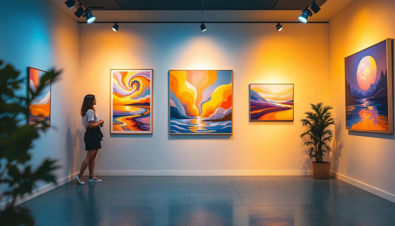 A photograph of a beautifully lit art gallery or studio showcasing various artworks under adjustable track lighting