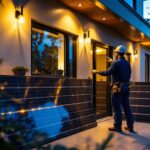 A photograph of a skilled lighting contractor installing solar panel walls in a modern residential setting