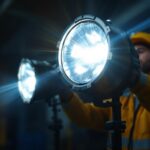 A photograph of a close-up of high-intensity discharge headlights in action