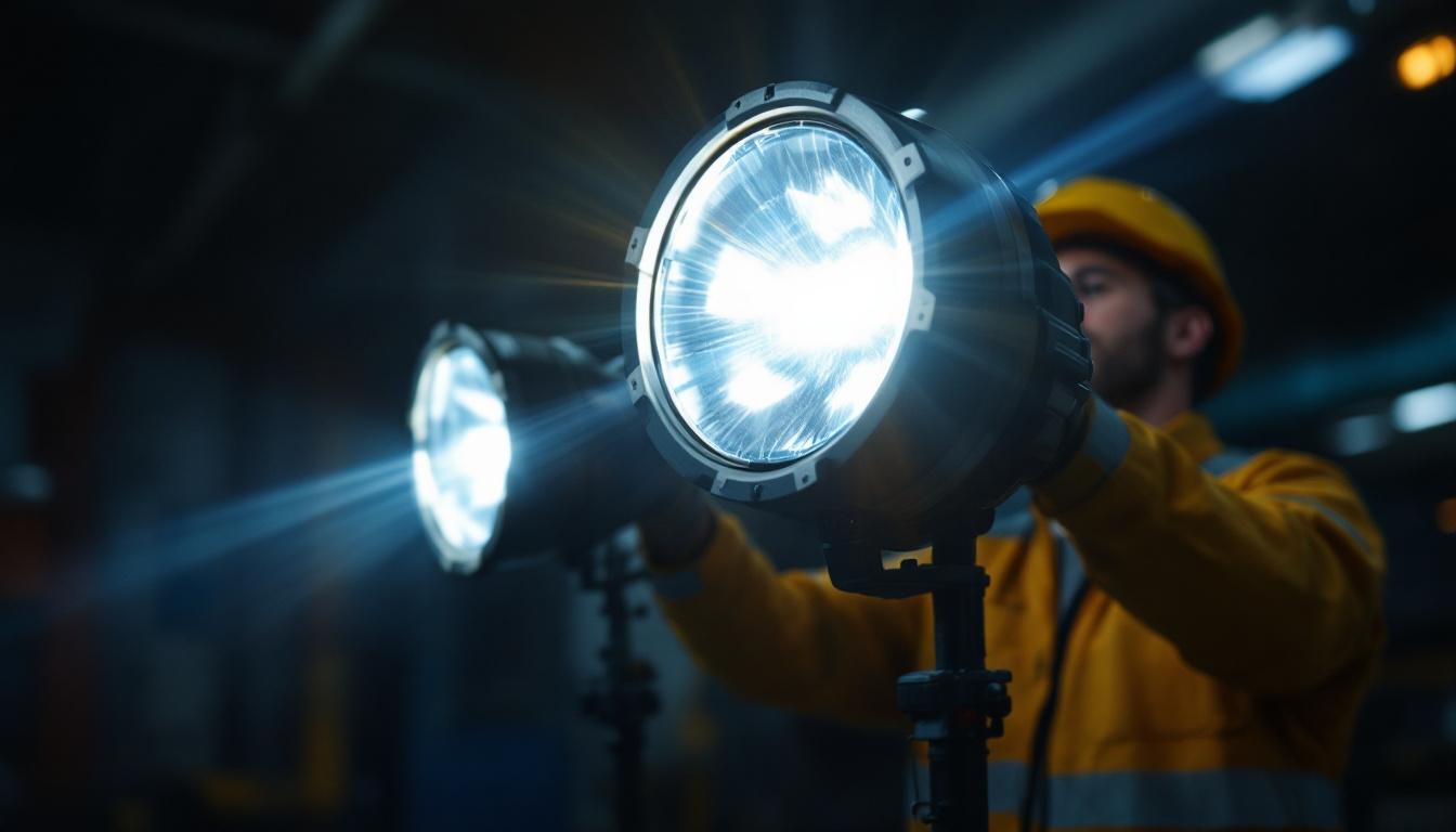 A photograph of a close-up of high-intensity discharge headlights in action