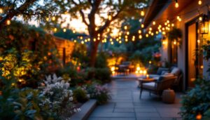 A photograph of a beautifully lit outdoor patio scene featuring elegantly strung patio light strings