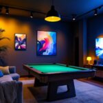 A photograph of a stylish game room illuminated by a combination of ambient