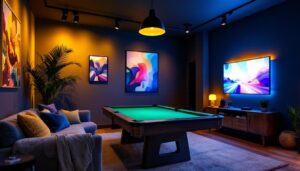 A photograph of a stylish game room illuminated by a combination of ambient