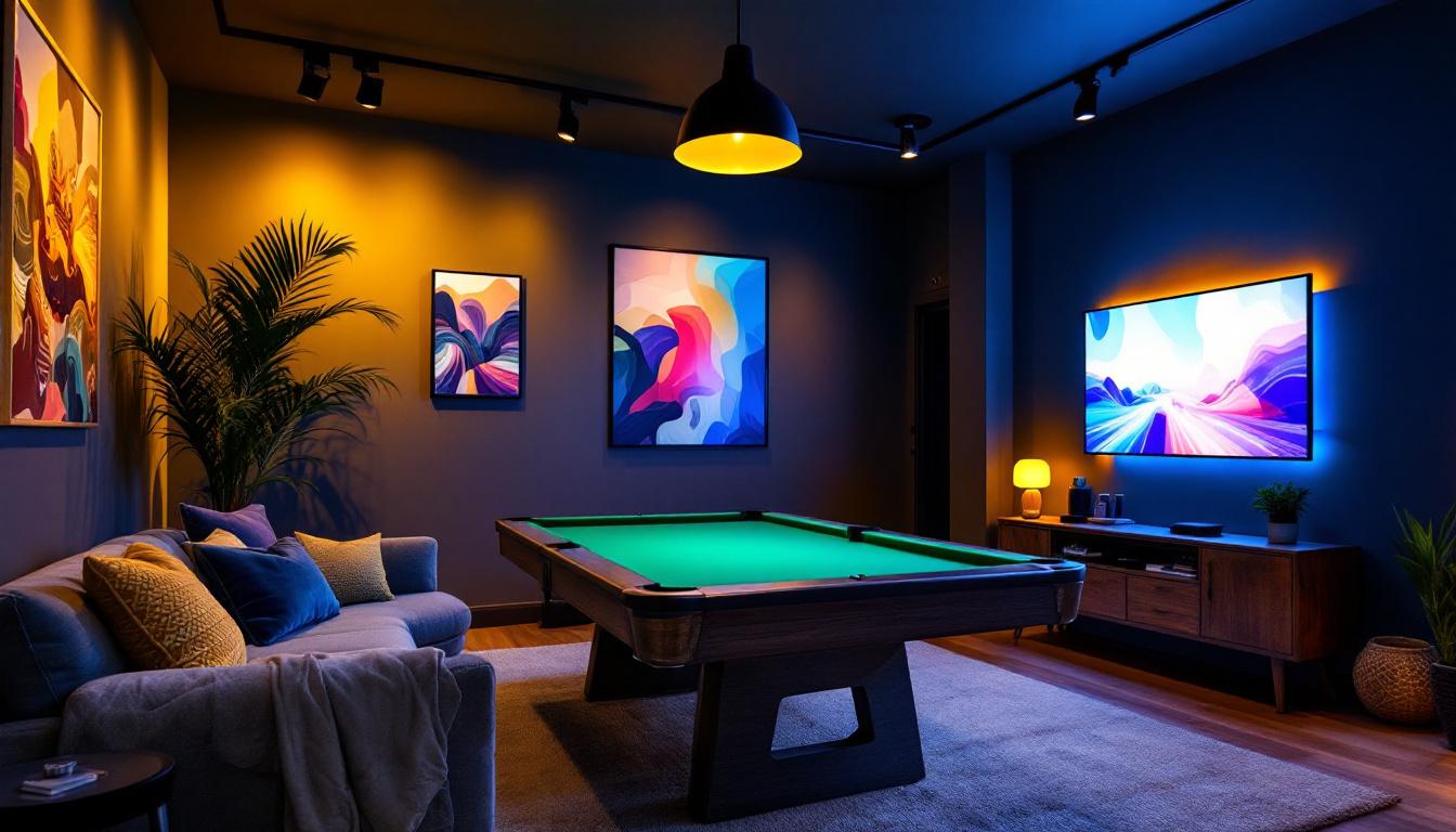 A photograph of a stylish game room illuminated by a combination of ambient