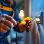 A photograph of a lighting contractor in action