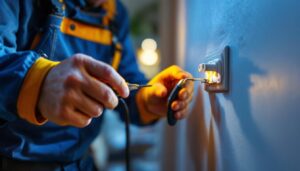 A photograph of a lighting contractor in action