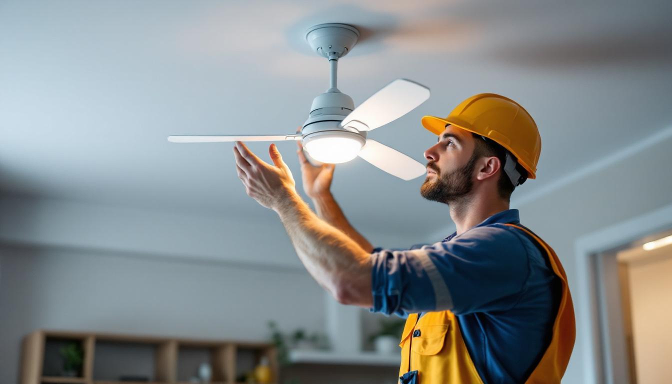 A photograph of a skilled lighting contractor installing a stylish fan-in light fixture in a modern home setting