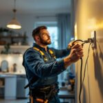 A photograph of a lighting contractor in action
