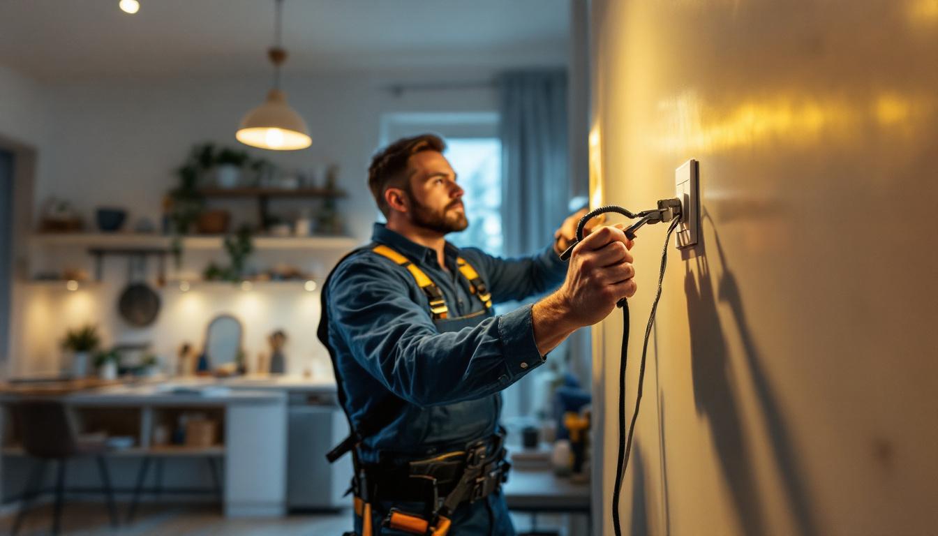 A photograph of a lighting contractor in action