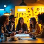 A photograph of a dynamic scene featuring a diverse group of professionals engaged in a lively discussion around lighting solutions