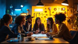 A photograph of a dynamic scene featuring a diverse group of professionals engaged in a lively discussion around lighting solutions