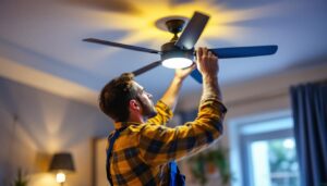 A photograph of a lighting contractor skillfully installing or adjusting a stylish ceiling fan with integrated lighting in a modern home setting