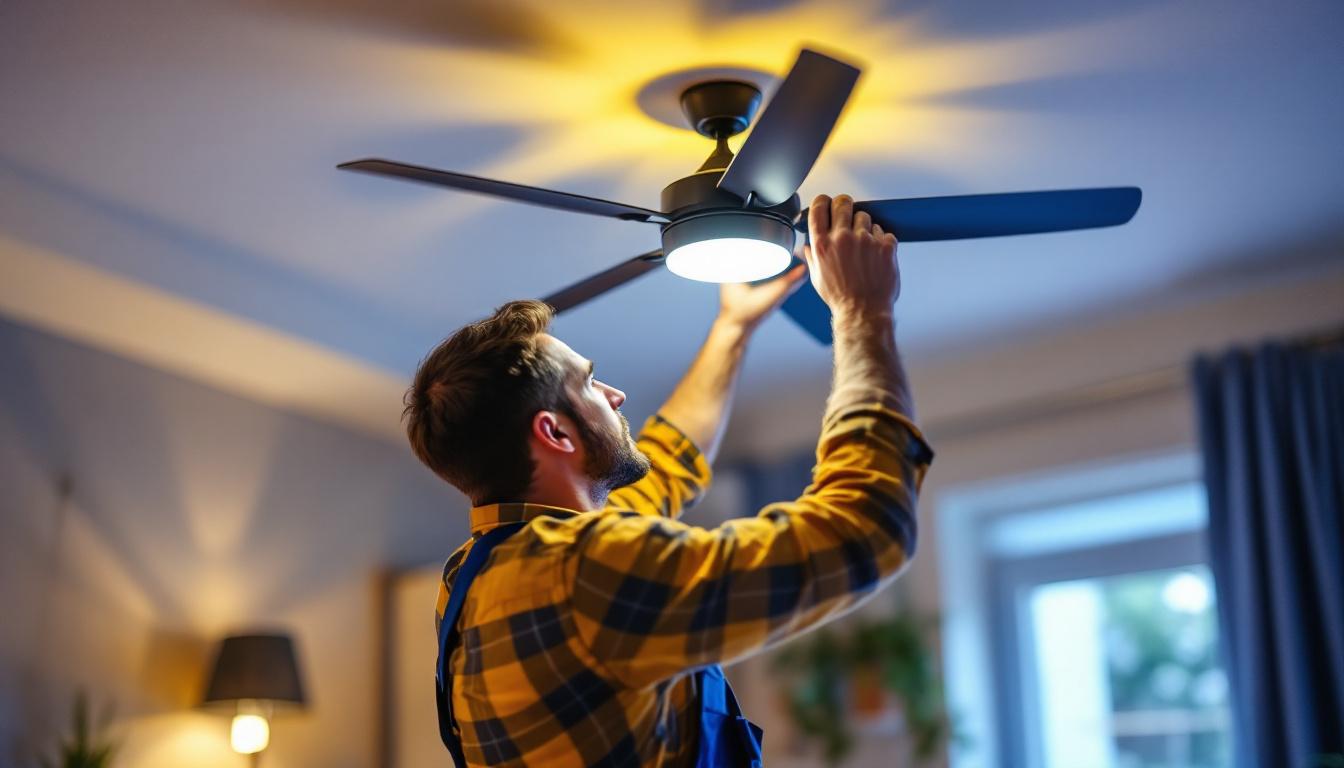 A photograph of a lighting contractor skillfully installing or adjusting a stylish ceiling fan with integrated lighting in a modern home setting