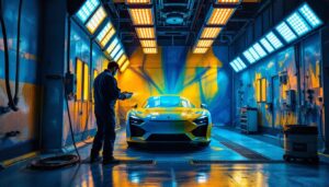 A photograph of a well-lit paint booth showcasing vibrant colors and detailed craftsmanship