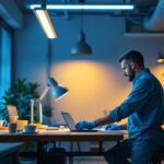 A photograph of capture a photograph of a well-lit workspace featuring a fluorescent light diffuser in action