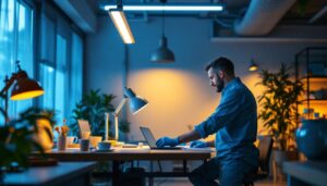 A photograph of capture a photograph of a well-lit workspace featuring a fluorescent light diffuser in action