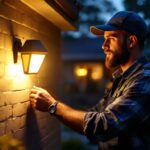 A photograph of a skilled lighting contractor installing an outdoor motion sensor light in a beautifully landscaped yard during twilight