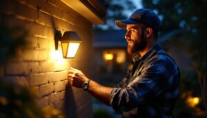 A photograph of a skilled lighting contractor installing an outdoor motion sensor light in a beautifully landscaped yard during twilight