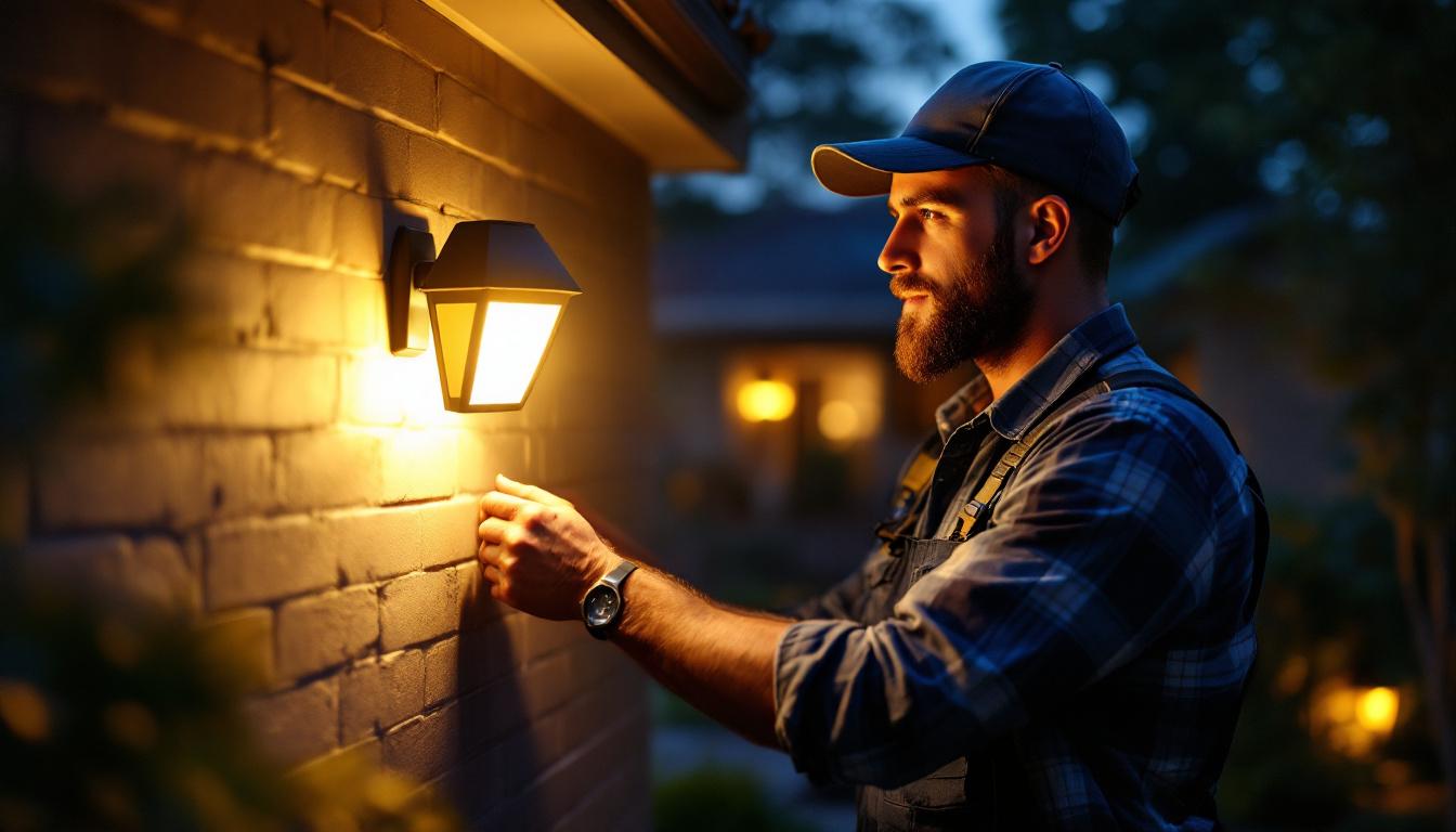 A photograph of a skilled lighting contractor installing an outdoor motion sensor light in a beautifully landscaped yard during twilight