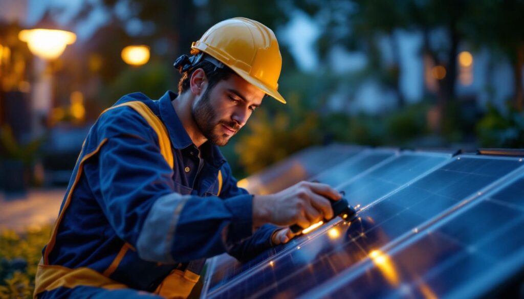 A photograph of a lighting contractor efficiently installing a solar-powered lighting system in an outdoor setting