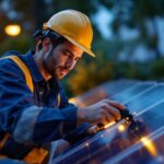 A photograph of a lighting contractor efficiently installing a solar-powered lighting system in an outdoor setting