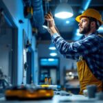 A photograph of a lighting contractor at work