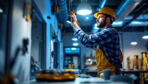 A photograph of a lighting contractor at work